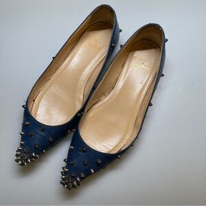Christian Louboutin Spike Studded Pointed Toe leather Flat Pumps Blue size36.5